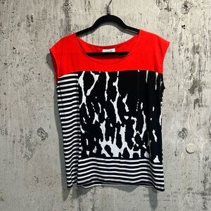 Calvin Klein Red and Black Patterned Short Sleeve Top